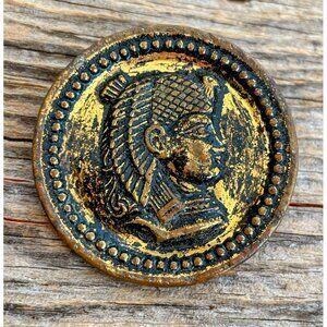 Antique Brass Metal Picture Button Egyptian Pharaoh 1 3/8"